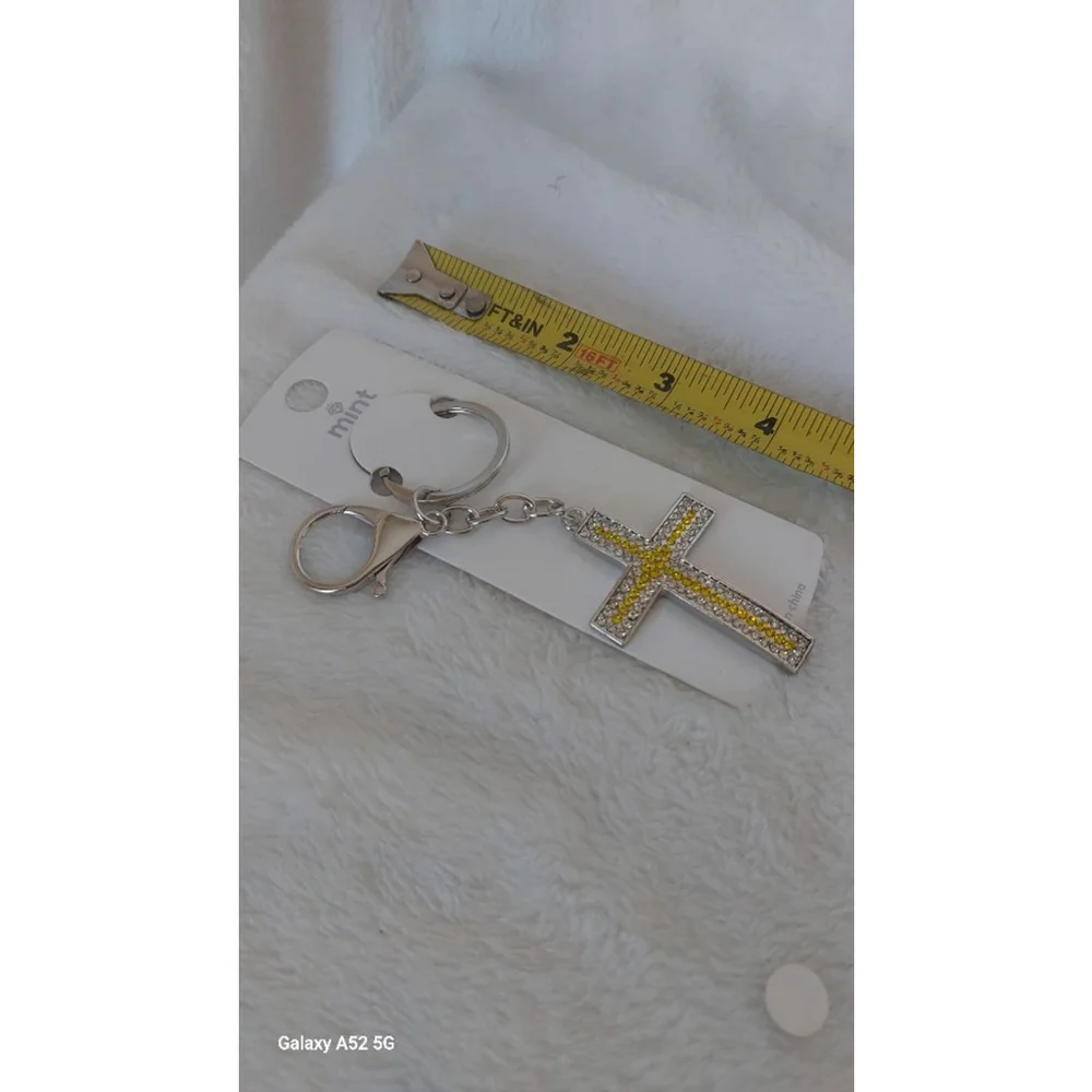 Yellow and Silver Rhinestone Cross Keychain